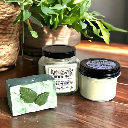 Spearmint Leaf, Eucalyptus Scent / HERBAL MINT GIFT SET / Vegan Soap, Coconut Wax Candle, Hemp Seed Lotion