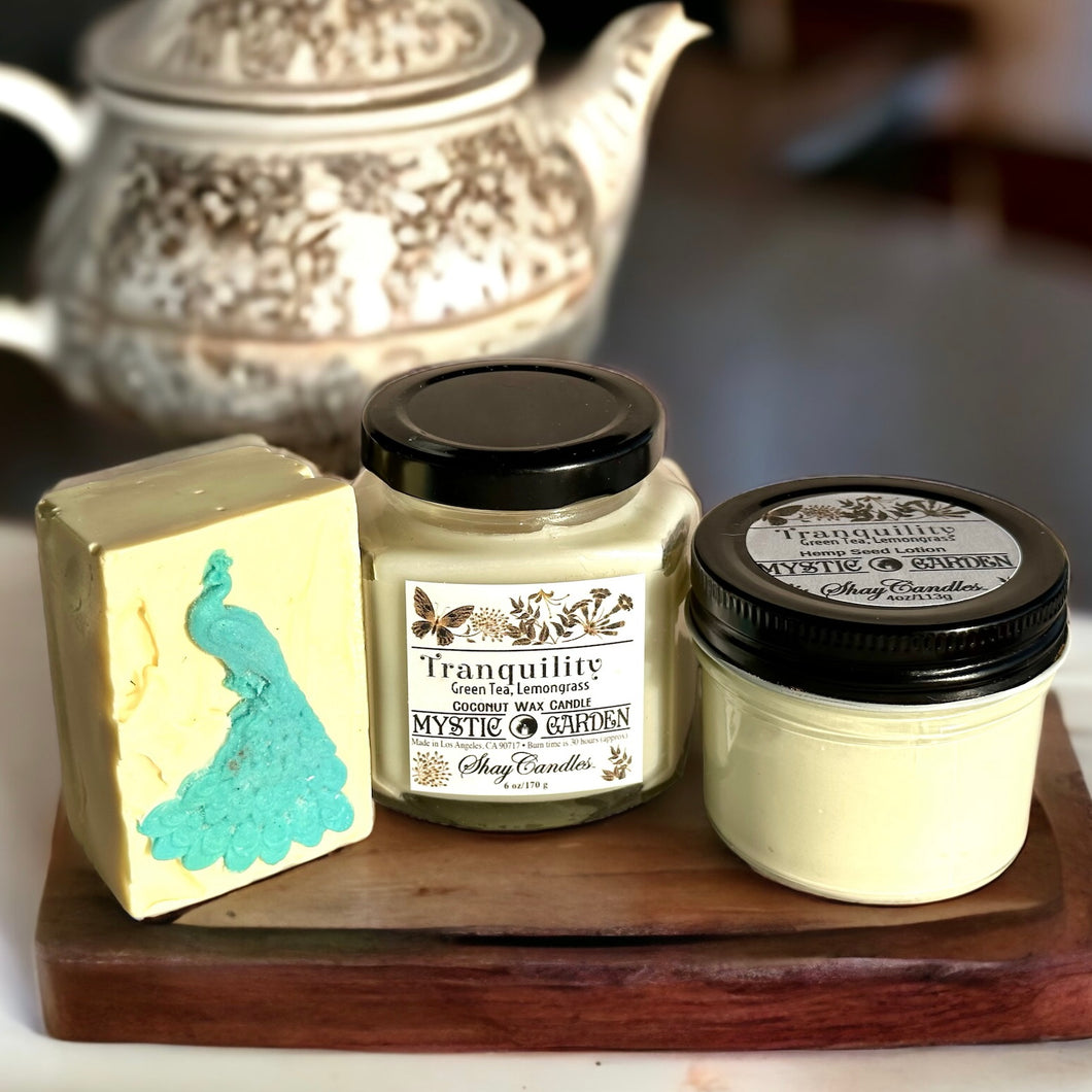 Green Tea, Lemongrass Scent / TRANQUILITY GIFT SET  / Vegan Soap, Coconut Wax Candle, Hemp Seed Lotion