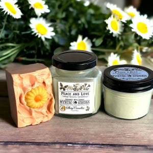 Orange Blossom, Sandalwood Scent / PEACE and LOVE GIFT SET  / Vegan Soap, Coconut Wax Candle, Hemp Seed Lotion