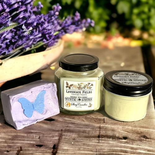Lavender Scent / LAVENDER FIELDS GIFT SET / Vegan Soap, Coconut Wax Candle, Hemp Seed Lotion