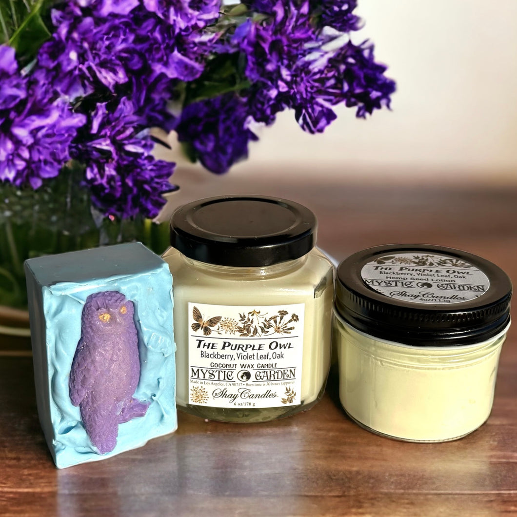 Blackberry, Violet Leaf, Oak Scent || THE PURPLE OWL GIFT SET  / Vegan Soap, Coconut Wax Candle, Hemp Seed Lotion