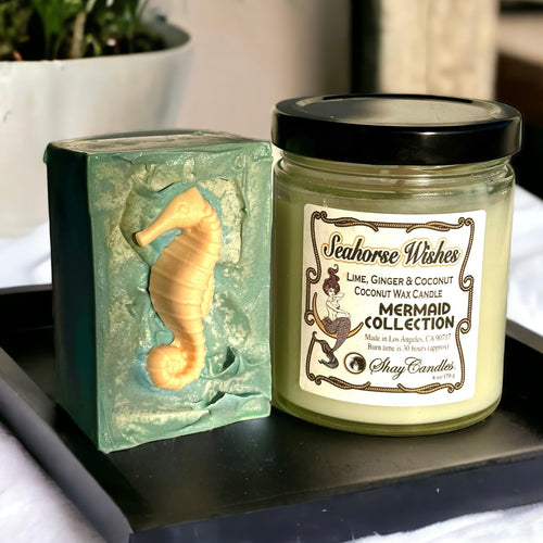 Lime, Ginger, Coconut Scent 6oz Candle + 4oz Soap Set || “SEAHORSE WISHES”